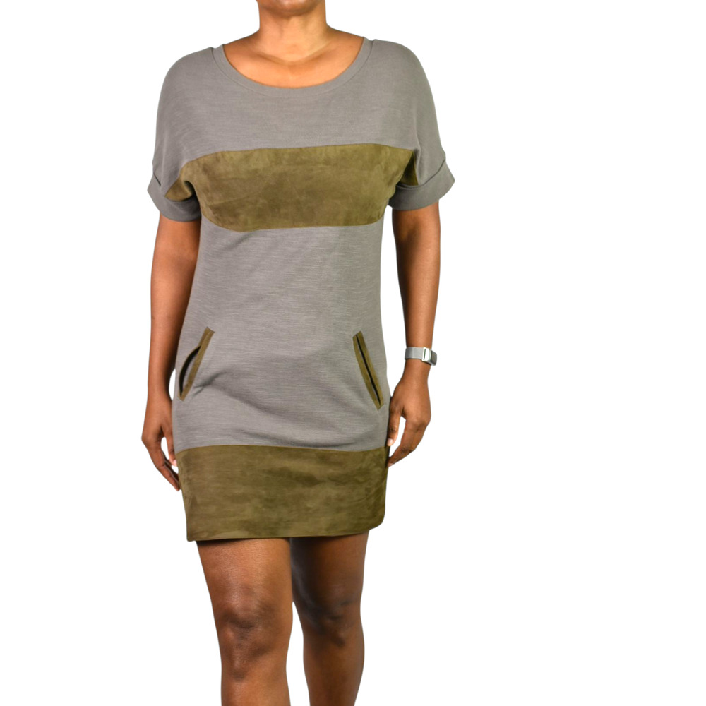 Allsaints Diego Tee Dress Grey Cotton Suede Colorblock Shift Knit Mini Pocket XS